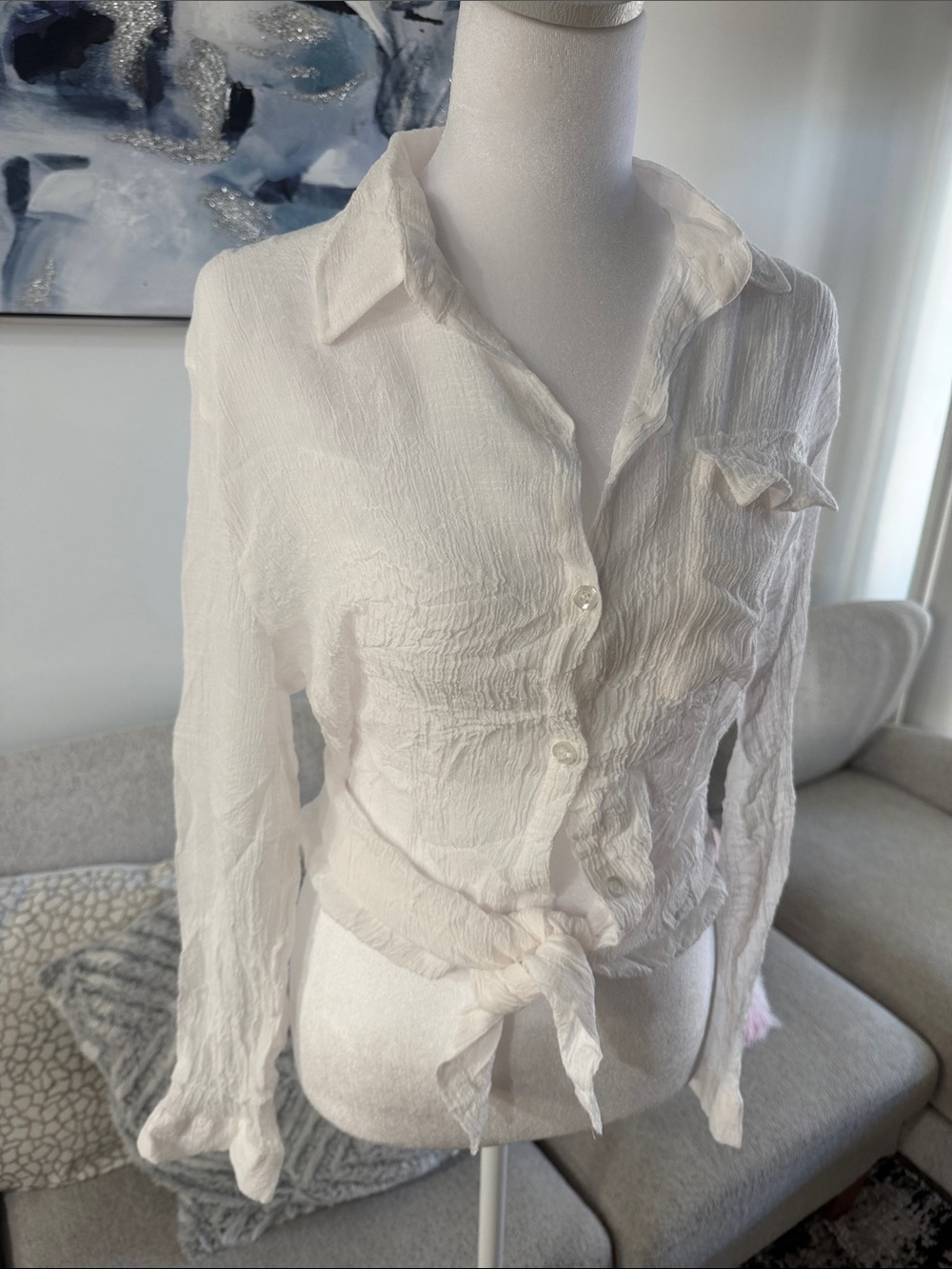 Lightweight White Button-Front Tie Waist Shirt